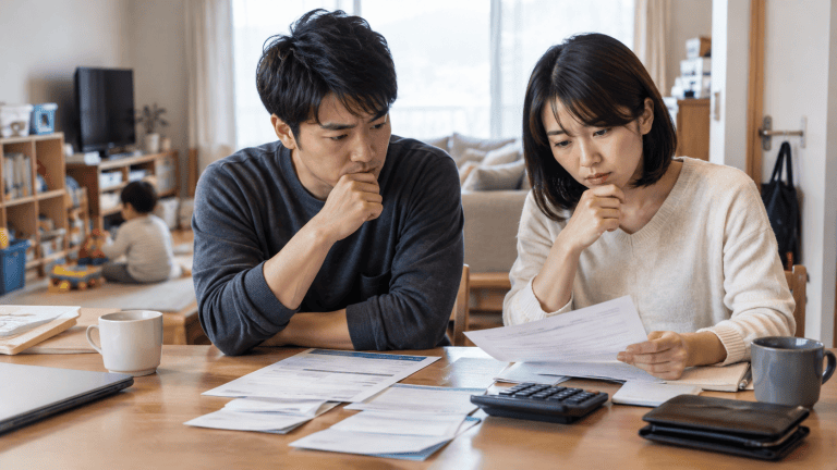 一對日本夫妻在餐桌前看著帳單，思考要不要生第二胎