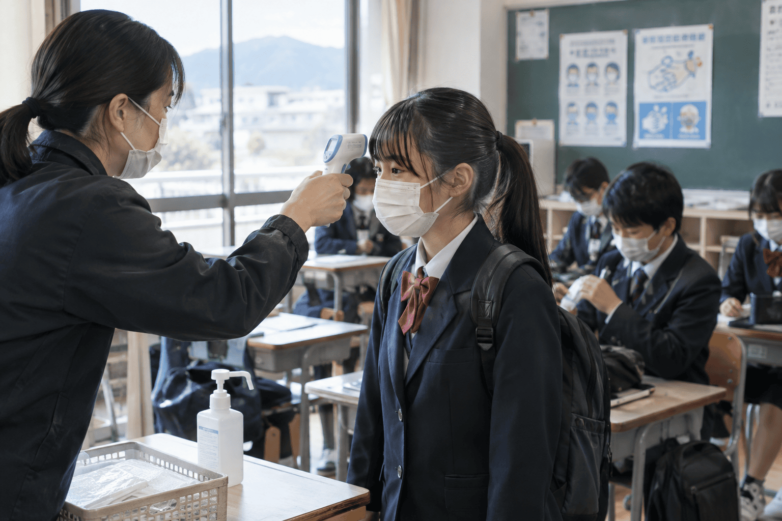 日本流感疫情升溫，學校加強防疫的示意畫面